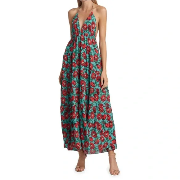 Alice + Olivia Women's Mae Halter Tiered Maxi Dress - Beach Bliss Aqua - Size 12 Alice + Olivia Women's Mae Halter Tiered Maxi Dress - Beach Bliss Aqua - Size 12